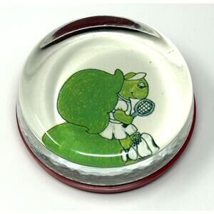 Vtg 70s Tennis Turtle Cartoon Paperweight Tabletop Glass Decor Desk Top *READ